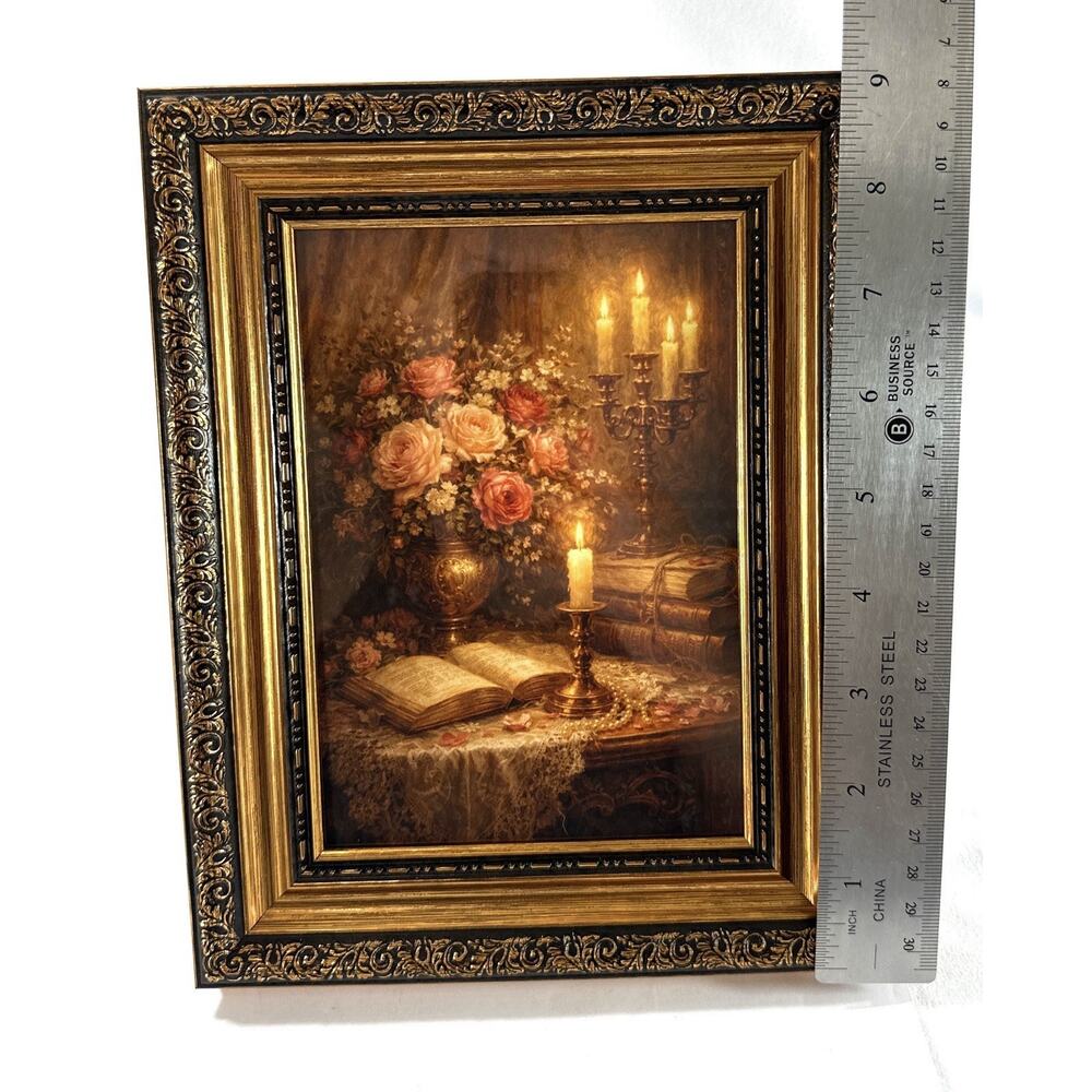 Floral Still Life Print Candles Roses 5x7 Ornate Gold Black Frame 7x9 Decor - Picture 6 of 7